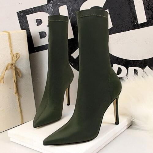 2021 Women Stretch Fabric Sock Boots Plus Size Slip-On Silk Ankle Boots Green 10cm Stripper High Heels Stiletto Boots Prom Shoes