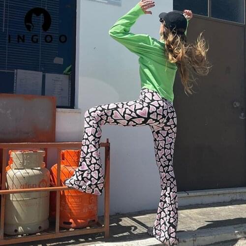 INGOO Vintage Wide Leg Flared Long Pants Women Multicolor Printed High Waist Bag Hip Trousers Y2K Fashion Casual Street Outfits