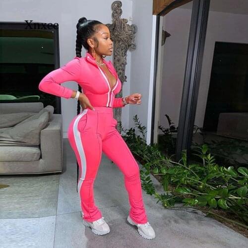 Spring Long Sleeve Tops Trousers Set Casual 2 Piece Suit Striped Stand Collar Biker Women Tracksuit Zipper Outfits Sportswear