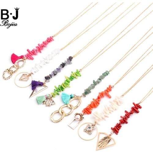 BOJIU Natural Stone Coral Long Pendant Necklaces For Women Green Red White Chips Gold Copper Link Chain Necklace Femme NKS212