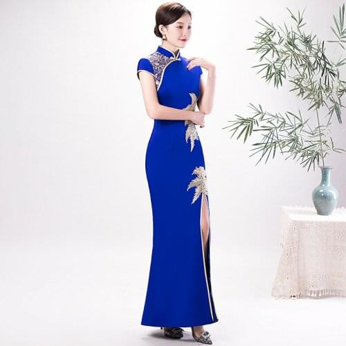 New Women Elegant Cheongsam Long Split Fishtail Evening Party Dress Vintage Oriental Mandarin Collar Female Qipao Plus Size 5XL