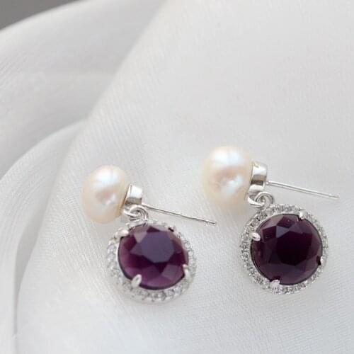 Authentic 925 Sterling Silver Inlaid Rhinestone Purple Zircon Trendy Style Natural Pearl Earrings Wedding Party Fine Jewelry