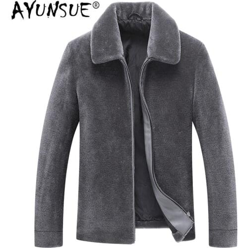 AYUNSUE Natural Sheep Shearling Fur Coat Winter Jacket Men 100%Wool Fur Warm Coat Plus Size Coat Mens Short Jacket AW9936 MY756