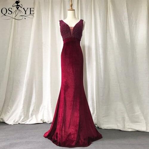 Burgundy Evening Dress Beading Pearls Velvet Prom Gown Sexy V Neck Party Dress Open Back Formal Dress Mermaid Women Evening Gown