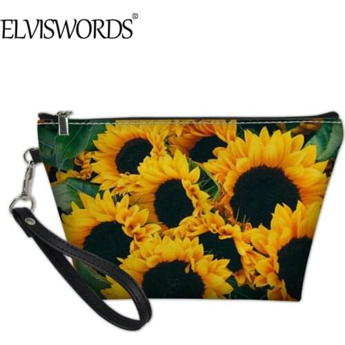 ELVISWORDS Yellow Sunflowers Pattern Cosmetic Case for Lady Casual PU Leather Makeup bag Zippers Handbag Pouch Case neceser