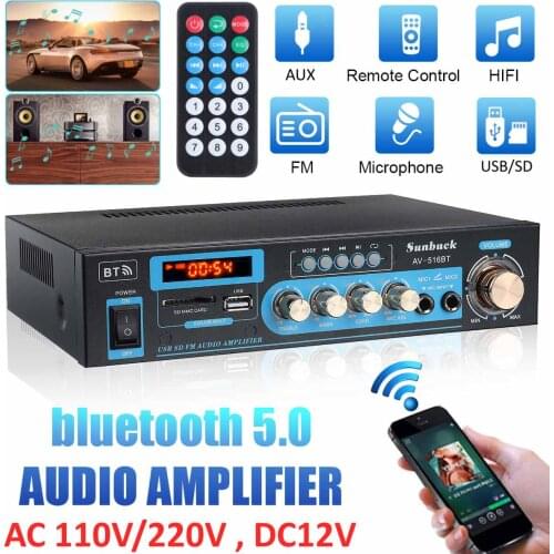HIFI 2CH Audio Amplifier 2000W Power bluetooth 12/220V Home Theater Amplifiers Audio with Remote Control Support FM USB SD Card