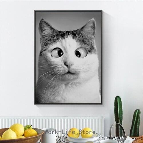 Funny Cute Cat Canvas Painting Animal Big Eyes Kitty Posters and Prints Black and White Pictures for Kids Room Home Decor Quadro