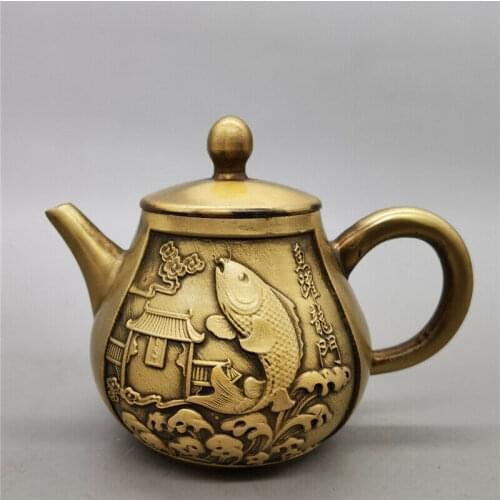 Chinese Antiques Collection Brass Carp Jumping Dragon Gate Teapot