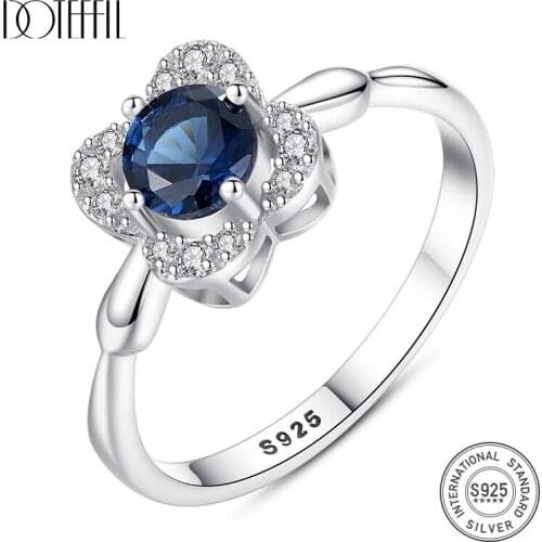 DOTEFFIL Classic Created Blue Sapphire Solitaire Wedding Engagement 925 Solid Silver Flower Ring for Women Cubic Zirconia Rings