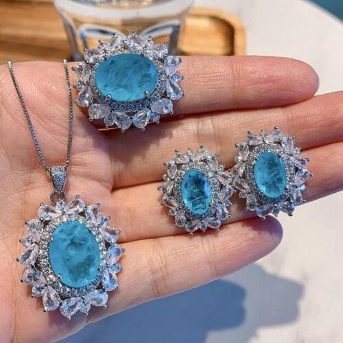 2021 Trend 925 Sterling Silver Paraiba Tourmaline Gemstone Pendant Necklace Earrings Ring Wedding Jewelry Sets For Girlfriend