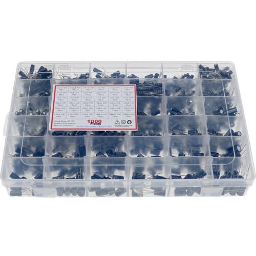 1000pcs 36Values 0.1uF -1000uF 16V 25V 35V 50V Capacitors 4.7UF 10UF 22UF 33UF 47UF Electrolytic Capacitor Assortment Box Kit