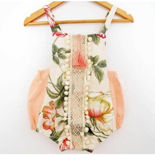 Summer Floral lotus leaf printed baby lace summer Tassel Pompom Newborn Baby Clothes Outfit