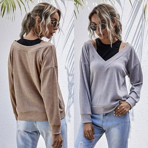 2020 Autumn New Female Knitted Sweater European & American Fashion Solid Color Round Neck Pullover Stitching Fake Two-Piece Suit