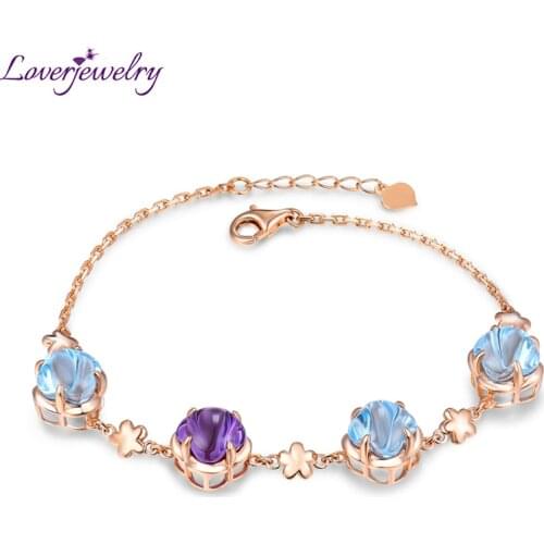 LOVERJEWELRY Lovely New Citrine Topaz Amethyst Bracelet Real 14K Rose Gold Bangle Fine Jewelry Wife Daughter Birthday Gift