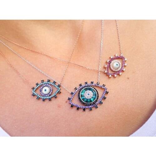 FASHION rose chain Necklace for Women Long Chain Turkish Eye Pendant Necklaces Trendy pink sapphires Stone Necklaces Jewelry