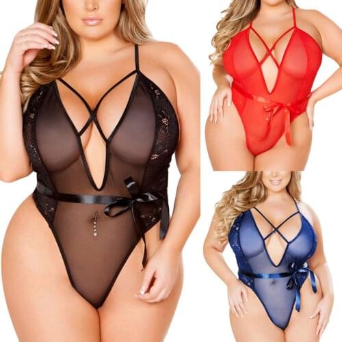 Sexy Fashion Women Girl Plus Size Lingerie Corset Lace Underwear One Piece Pajamas See-through Sexy Bow Jumpsuit Lenceria