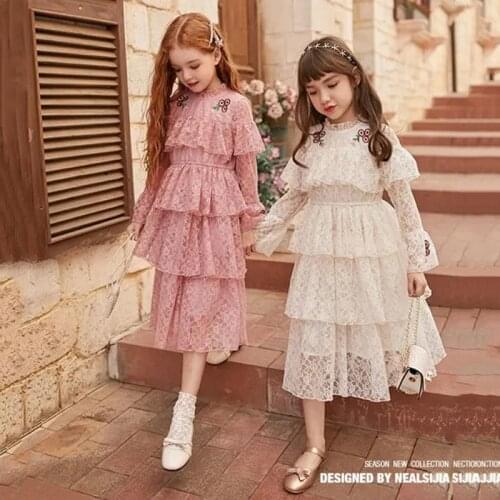 Girls Dress Spring 2021 Long Puff Sleeve Dress Girls Lace Tulle Dress Princess Kids Girls Pleated Cake Dresses Children Clothes