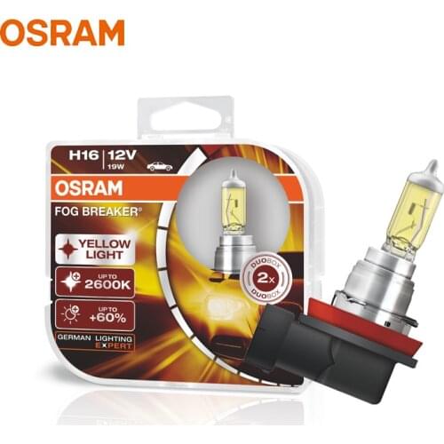 OSRAM H16 Yellow 62219FBR Halogen Fog Breaker 12V 19W Car Original Fog Lamps 2600K Light +60% Brighter Genuine Auto Bulb, Pair