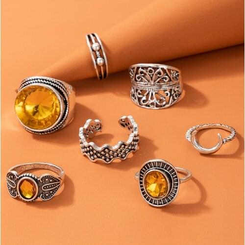 Vintage Ethnic Hollow Ring Set Punk Midi Finger Crystal Zircon Jewelry Retro Silver Color Moon Knuckle Rings Bohemia Jewelry