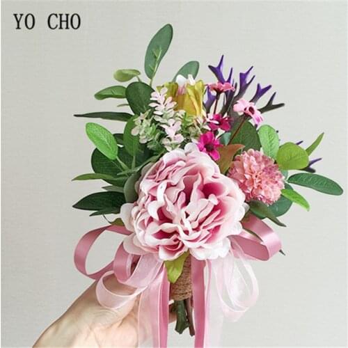YO CHO Bridesmaid satin Pink peony rose handmade Sisters Hand Bouquet wedding decoration bridal bouquet silk chair back flowers