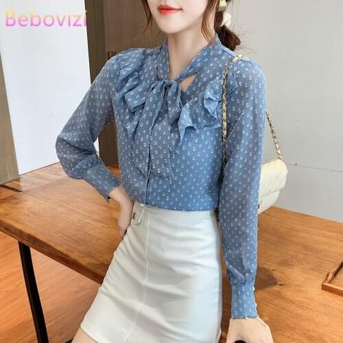 2020 New Fashion Korean Blue Chiffon Elegant Long Sleeve Women of Blouse and Tops Office Lady OL Casual Spring Autumn Clothes Za