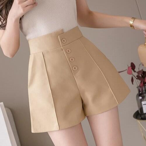 2020 Spring Summer Korean Style Womens Button Fly Irregular Grey Black Khaki Shorts , Casual High Waisted Shorts for Woman