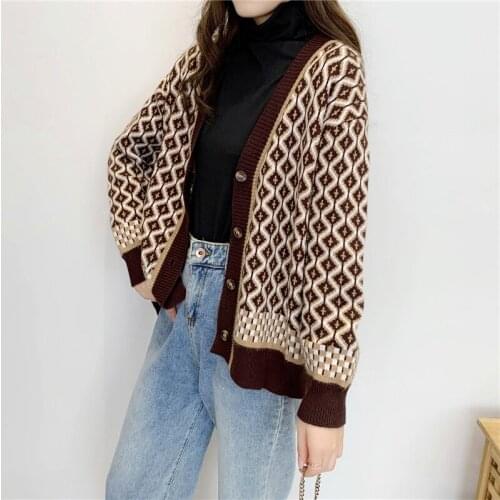 New 2020 Autumn Winter Fashion Argyle Cardigan Women Vintage Sweaters Long Sleeve Knitted Clothes Loose V Neck Knitwear