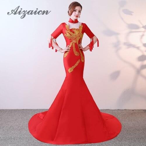 Red Mermaid Chinese Vintage Evening Dress Women Embroidery Cheongsam Golden Phoenix Qipao Long Tassel Traditional Wedding Gown