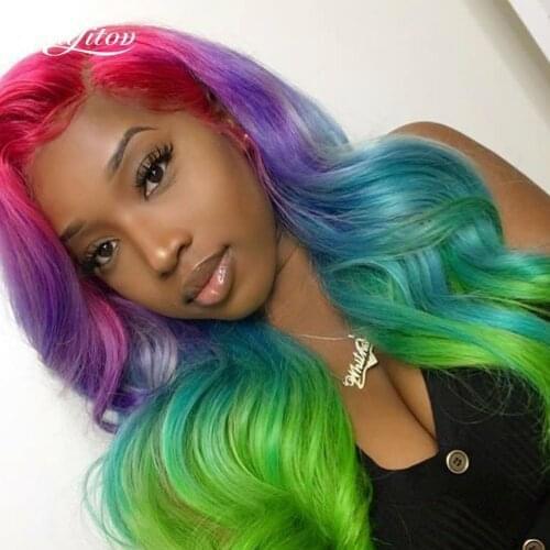 ALIFITOV Red Purple Blue Green Ombre Color Lace Front Wig Body Wave Lace Front Human Hair Wigs For Women Pre Plucked Remy hair
