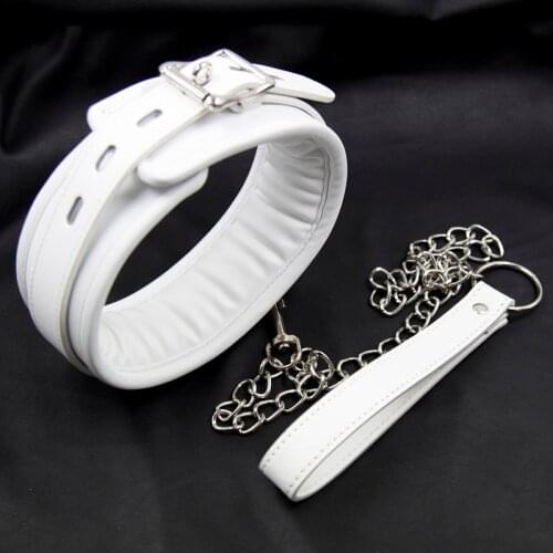 White Bdsm Collar Leather And Iron Chain Link Sponge Filling Bdsm Slave Collars Women Sex Toys for Couples Games Bondage Gear