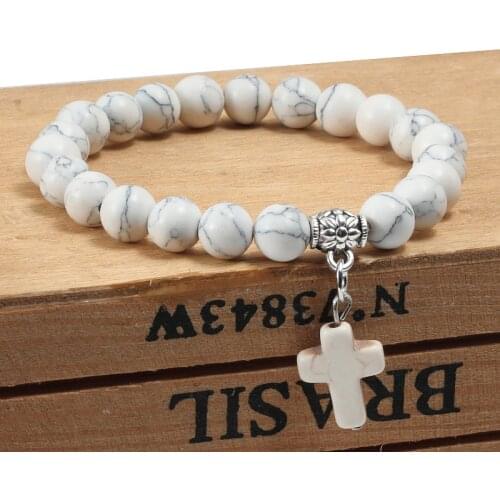 Cross Beads Chram Bracelet for Men Women Natural Volcanic Lava Stone Strand Bracelets&Bangles Handmade Vintage Jewelry Homme