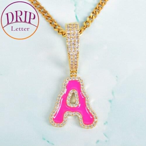 Single Pink Color Letters Solid Back Pendant Necklaces For Men Women Gold Color AAAA Cubic Zircon Hip Hop Jewelry