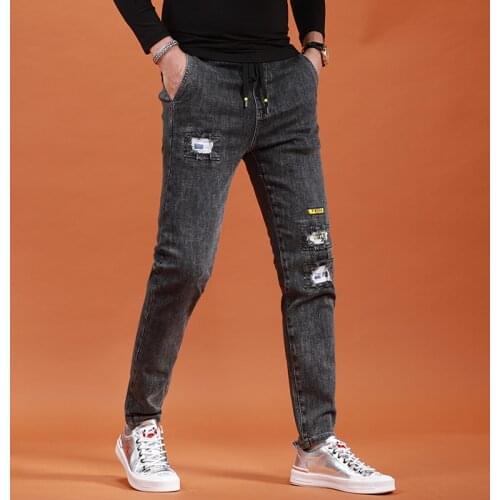 Fashion Ripped Patch Jeans Men Black Gray Slim Fit Drawstring Denim Pants