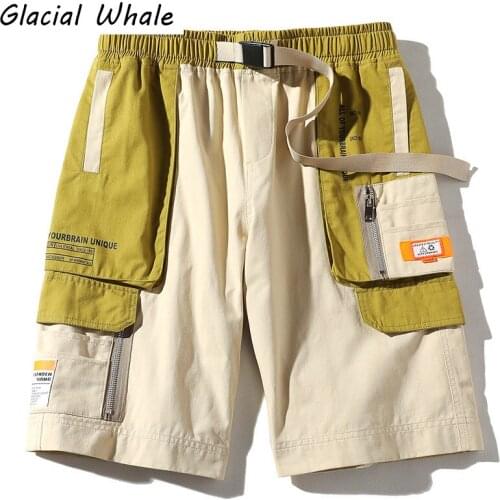 GlacialWhale Mens Cargo Shorts Men 2021 Summer Side Pockets Patchwork Hip Hop Japanese Streetwear Harajuku Male Shorts For Men
