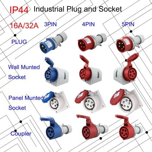 Ip44 Wall Mounted Socket Panel Mounted Coupler 220V 380V 415V NEW Industrial Plug and Socket 16A 32A 3 pin 4 pin 5 pin