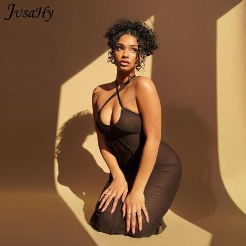 JusaHy Black Sexy See Through Low Halter Maxi Bandage Dresses Women Chic Lacework Sleeveless Birthday Party Clubwear 2021 Summer