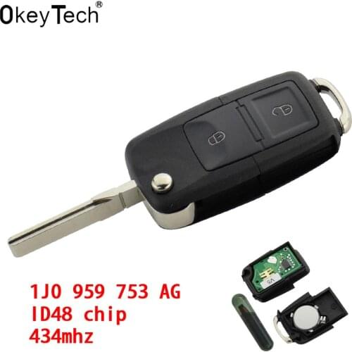 OkeyTech 2 Button Remote Switchblade key car Flip Key 433MHz ID48 Chip For VW Volkswagen Bora Golf Passat Polo T5 1J0 959 753 AG
