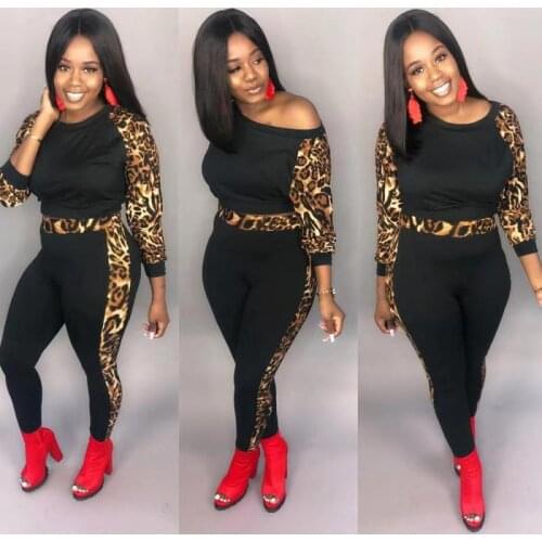 Leopard Spliced Sexy Two Piece Tracksuit Women Clothes O Neck Long Sleeve Ctop Top and Pencil Pants Autumn Winter Causal Set
