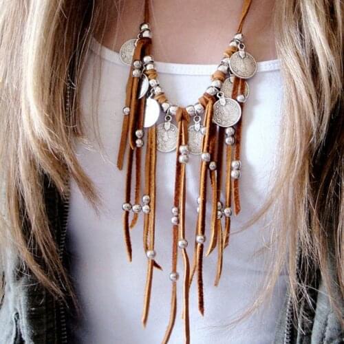 Leather Fringe Statement Necklace Coin Charms Jewelry Afghan Kuchi Tribal Boho Navajo Leather coin