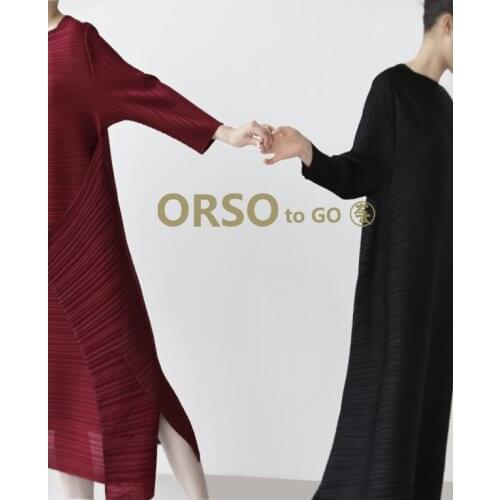 HOT SELLING Miyake Fashion wrist three quarter slash neck fold dress button loose dress IN STOCK