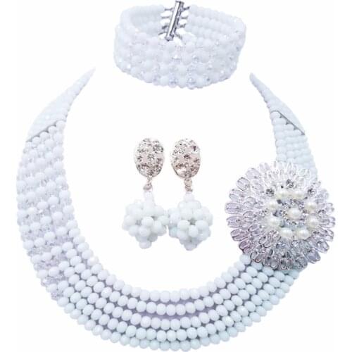 Fashion White Clear AB Multi Strands Statement Necklace Nigerian Beads African Jewelry Set Crystal Wedding Sets 5JZ17