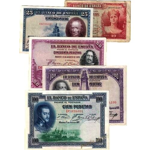 Spain Set 5 PCS, 1928, (10 25 50 100 Peseta) Notes, Used F Condition, Real Original Rare Note for Collection