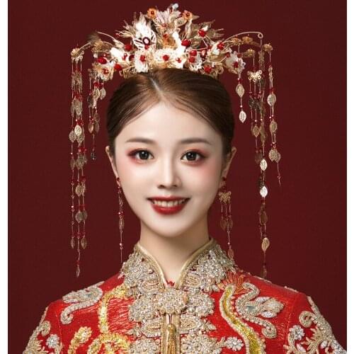 NiuShuya Elegance Wedding Bride Vintage Chinese Hair Accessories Bridal Headdress Tassel Phoenix Tiara Crown Hair Jewelry