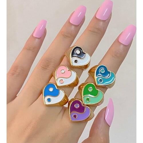 New Ins Creative Simple Two-tone Color Tai Chi Gossip Heart Ring Vintage Drop Oil Yin Yang Rings For Women Girls Fashion Jewelry