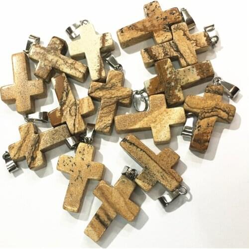 Fashion Natural Stone Pendant Cross Reiki Shape Pendants Picture Stone Charms for Necklaces Jewelry Making 25*18 MM Wholsale
