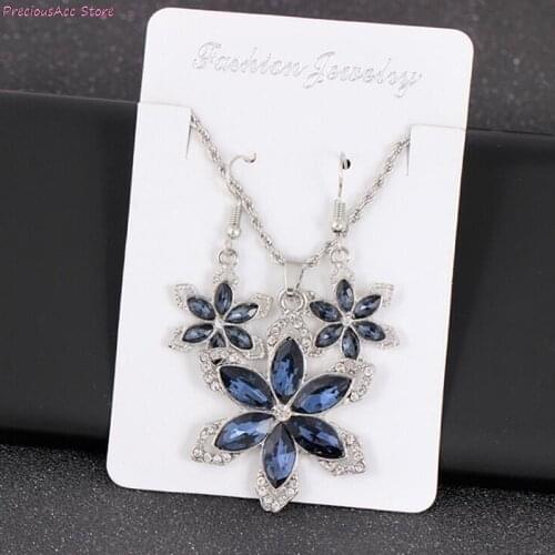 Blue Crystal Colorful Flower Necklace Big Earring Jewelry Set For Women Wedding