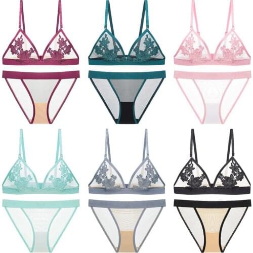 Sexy Sheer See Through Lingerie Set French Romantic Lace Floral Embroidery Wire Free Gather Push Up Bra And Panty Set