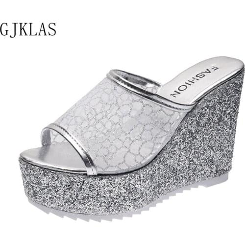 Platform Slippers Women Wedge High Heels Lace Sandals Casual Womens Shoes Silver Gold Heels Slipper Summer Woman Slippers