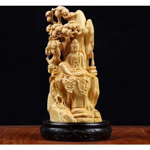 Boxwood 16cm Guanyin Sculpture Wood Carving Buddha Statue Guan Yin Home Decor