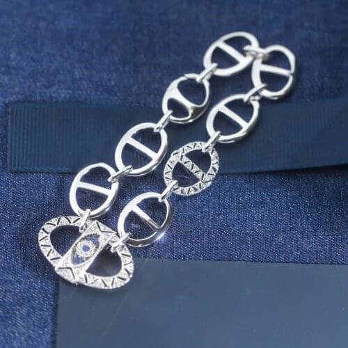 SLJELY Fashion Real S925 Sterling Silver Evil Eye Chaine Maille Marine Bracelet Micro Zircon Stone Women April New Brand Jewelry